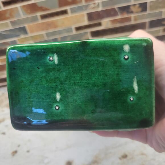 Vintage Mid Century Vase Green Ceramic Gold Metal Pierced Stand - Picture 5 of 6